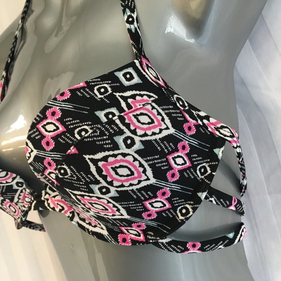 Women's HOLLISTER Black Pink Tribal Swim Bikini Top Push Up Size 34C Bottoms L - Picture 4 of 15